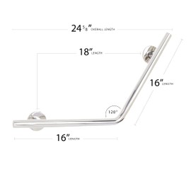 Seachrome 16" x 16" Lifestyle & Wellness® Angled Wedge Wall Mount Bathroom Shower Grab Bar, 1 ¼" Diameter, Polished Finish