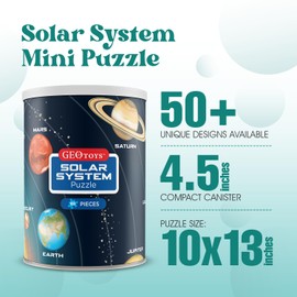 Geotoys Mini Solar System Puzzle - 100 Piece Puzzles for Kids and Adults - Mini Puzzle Space Map, Planets, Sun & Asteroids - 13" x 10" Outer Space Jigsaw Puzzles with Can Packaging
