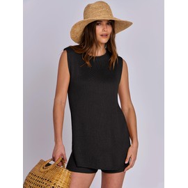 ANRABESS Women Summer 2 Piece Outfits Sleeveless Knit Sweater Top & Shorts Soft Lounge Sets Travel Beach 2025 Spring Clothes Black Large