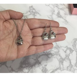 Handmade Necklace Earrings Set! Cute Silver Bag Purse Charm 18” Chain Hypoallergenic Set