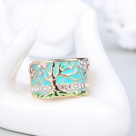 Hokygoky Women Tree of Life Lucky Flower Wide Band Ring Gold Pink Opal Green Enamel Resin Plated Dainty Tree Rhinestone Statement Thumb Index Full Finger Chunky Ring Party Crystal Vintage Jewelry, 锌,