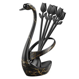 SGVRPVZ Black Small Coffee Spoon Holder Set,Swan Base With 12 Pcs Demitasse Espresso Spoons Set,6" Mini Tulip/Rose Dessert Spoon,Stainless Steel Tea Spoons
