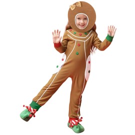 Fourluoo Gingerbread Man Costume for Kids Christmas Home Clothing Gingerbread Outfit Winter Bodysuit Hooded(Girls,7-9 Years)