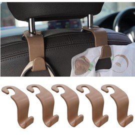 Car Seat Headrest Hook 5 pack, Multifunctional Auto Seatback Hook Storage Organizer, Vehicle Seat Hanger Holder for Purse Coat Umbrella Grocery Bag, Interior Car Accessories (Brown)
