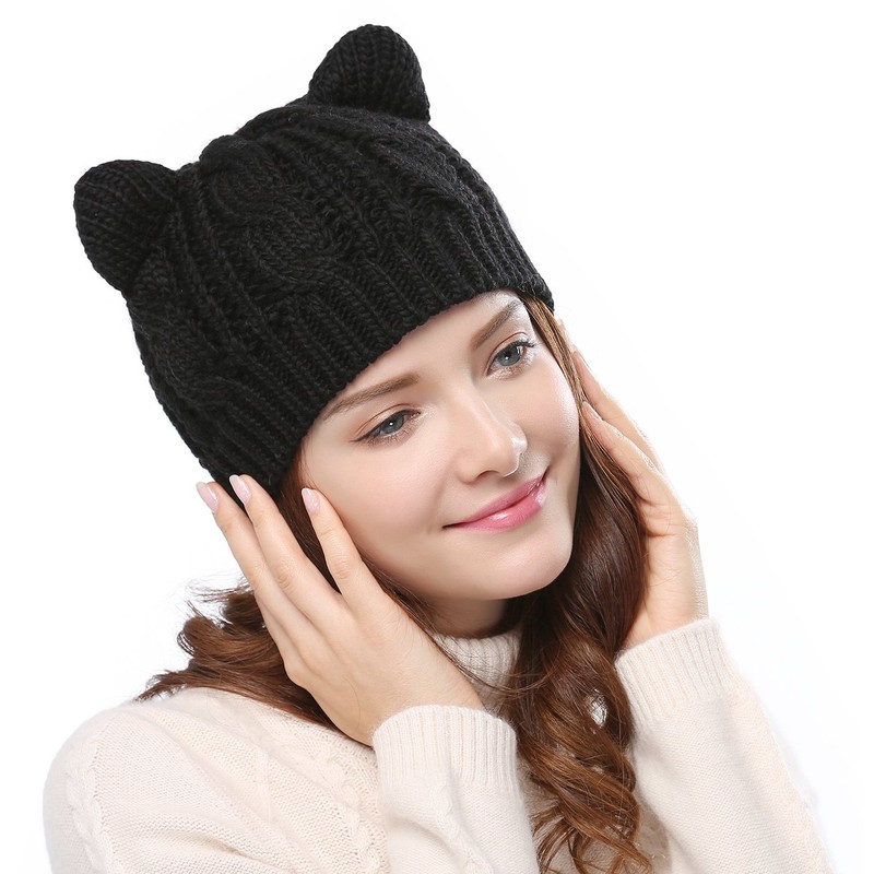 Women's Hat Cat Ear Crochet Braided Knit Caps,Black
