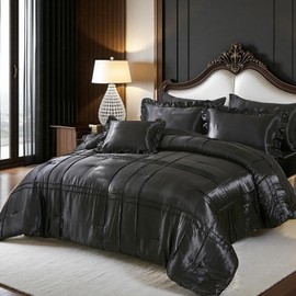 Herside Black Satin Silky Comforter Set,King Size 8 Pcs Grid Pleated Silk Like Bed in a Bag Bedding Set, Down Alternative Bedding Sets for All Seasons,Luxury Silky Bedding with Sheet and Cushion Cover