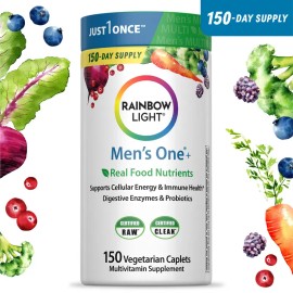 Men’s Multivitamin with Ashwagandha, Lycopene & Probiotics – Real Food Nutrients – 150 Vegetarian Caplets for Daily Health Support