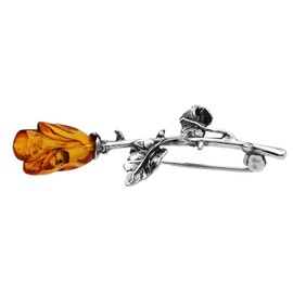 Single Rose Oxidised Silver Brooch Pin/Clip in Orange Amber in Vintage Style for Women - 925 Sterling Silver