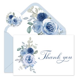 JarThenaAMCS 50 Pack Dusty Blue Floral Thank You Cards Watercolor Blue Roses Greeting Cards With Envelopes Stickers Blank Note Cards for Birthday Wedding