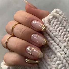 24Pcs Press on Nails Short Almond LINMEIZAI with Elegant Nude Gold Design Fake Nails Press ons Nail Glue on Nails Full Cover Acrylic Nail Tips Kit False Nails Stickers Nail Art for Women Manicure