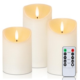Homemory Flickering Flameless Candles, Realistic LED Candles with Remote and Timer, Textured Wax with Water Ripple, Battery Operated Wax Candles, Set of 3, Ivory