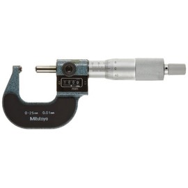 Mitutoyo 295-215 Spherical Face Micrometer, Mechanical Counter Model, Ratchet Stop, 0-25mm Range, 0.01mm Graduation, +/-0.003mm Accuracy, Spherical Spindle