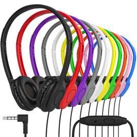 Maeline Bulk Classroom Headphones with Microphone, Wired On-Ear Leather Headphones Stereo Headset for Kids Online Learning, Library, School, Airplane, Travel - 3.5mm Plug - Multi Colors, 40 Pack
