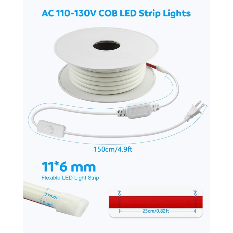 Aclorol 50ft AC 110V COB LED Strip Lights Outdoor Waterproof