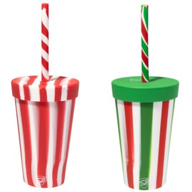 Silipint: Silicone 16 oz Straw Tumbler: Peppermint & Poinsettia - Reusable Unbreakable, Sustainable, Stocking Stuffer, Holiday Gift