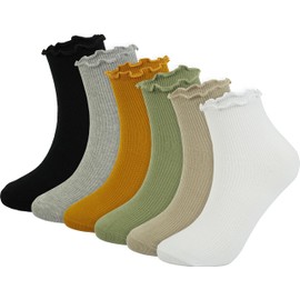 BomKinta Women Ankle Ruffle Socks - Thin Cute Casual Frilly Sock - Soft Low Cut Crew Socks Black Gold Gray White Yellow Green 6 Pairs Size 5-9
