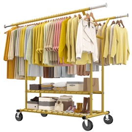 Raybee 74" W Heavy Duty Clothes Rack, Double Rods Gold Clothing Rack Load 630 LBS, Rolling Clothes Racks for Hanging Clothes 400+, Garment Rack with shelves for Bedroom, Laundry Room, Retail Store
