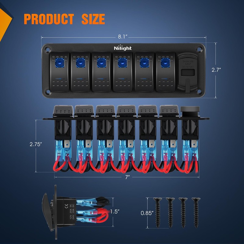 Nilight 6 Gang Rocker Switch Panel with PD Type C
