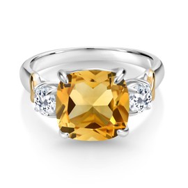 Gem Stone King 925 Silver and 10K Yellow Gold Yellow Citrine and White Topaz 3 Stone Ring For Women (4.26 Cttw, Gemstone November Birthstone, Cushion 10MM, Round 4MM, Available In Size 5, 6, 7, 8, 9)