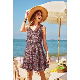 Newshows Women's 2025 Summer Dresses Spaghetti Strap Spring Sun Dress Boho Casual Beach Vacation Outfits V Neck Drawstring Ruffle Swing Hem Sundress Trendy(Floral 09, L)