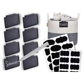 Melo Place 8 PCS Metal Black Clip On Label Holders for Basket Bins|24 Chalkboard Waterproof Stickers | 1 Premium Thick Chalk Marker | Ideal Home Organization Solution For Storage Pantry Shelf