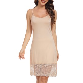 Lovasy Women's Full Slips Soft Nightdress Nighties Ladies Full Slips for Under Dresses UK Spaghetti Stap Basic Chemises Underskirt Modal Full Slip with Lace Trim,Nude,XL