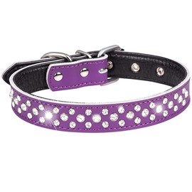 Generic Rhinestones Dog Collar, Adjustable Sparkly Crystal Studded Genuine Leather Pet Dog Collar for Small and Medium Dogs (Purple, L)