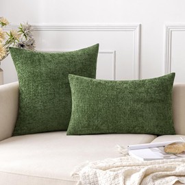 EMEMA Summer Couch Pillow Covers Pack of 2 Square Throw Pillow Covers 18x18 Inch Soft Chenille Decorative Modern Solid Dyed Pillowcases Cushion Cover Moss Green(Only Covers)