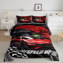 Feelyou Kids Boys Girls Red Race Car Comforter Set Twin Size, Sports Car Comforter Comforter Set for Teens Race Car Bedding Set Racing car Duvet Set Bed Set Room Decor Bedding Collection