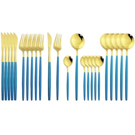 JASHII Flatware Serving Set 24 Piece, Stainless Steel Silverware Set, Blue Gold Cutlery Set, Modern Elegant Tableware Set for Party, Christmas, Dinner (Blue Gold)