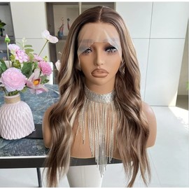 HD Lace Front Wig Human Hair Blend Highlights Honey BROWN Light Blonde