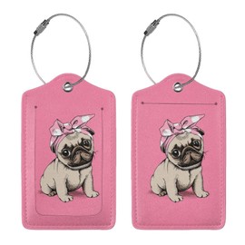 Buyidec 2 Pack Girl Pink Pug Dog Luggage Tags for Suitcases, Leather Baggage Tag with LoopName Id Card Cover Travel Bag Labels Set for Women Men Boys Girls Kids