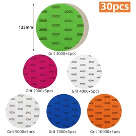 Pack of 30 Sandpaper 125 mm Velcro Grain 2000/3000/4000/5000/7000/10000 Grits for Random Orbital Sanders Without Hole