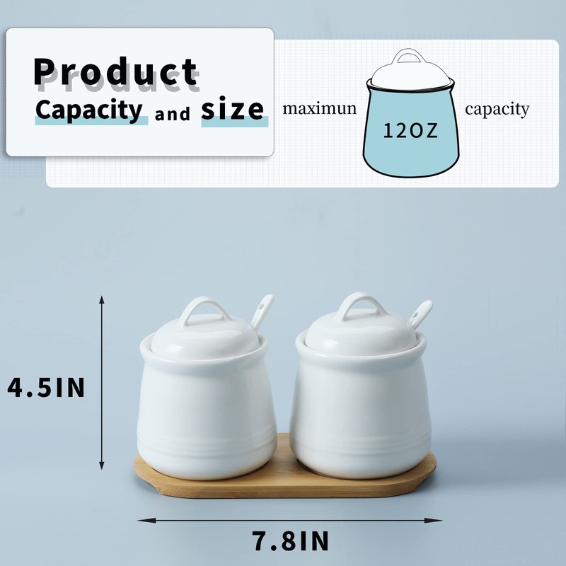 HAOTOP Ceramic Sugar Bowl 2 Pack, PorcelainJar with Tray, Spoon