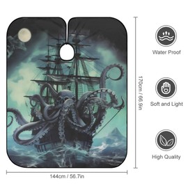 KUYT Octopus Skull Ship Professional Barber Cape,Polyester Hair Cutting Salon Cape,Water And Stain Resistant Apron,Cutting Hair Beard Hairdressing Cape Anti-Static Haircut,56.7×66.9 Inch (1 Pack)