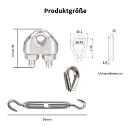 VZU 10 Piece Rope Tensioner Set M8 Stainless Steel Wire Tensioner Cable Tensioner Cable Tensioner Rope Clips 8 mm Rope Thimbles Turnbuckles for Wire Rope, Sun Sail, Fence Tensioner, Washing Line