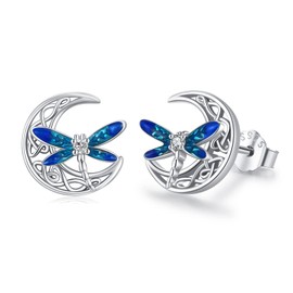 Twoowl Celtic Moon Earrings 925 Sterling Silver Dragonfly Stud Earrings Irish Celtic Jewelry Gifts for Women Girls