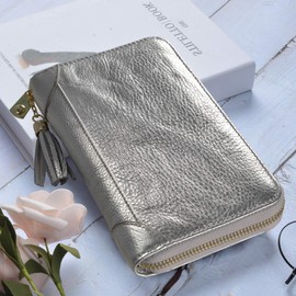 Easyoulife Credit Card Holder Wallet Womens Zipper Leather Case Purse RFID Blocking (Silver)