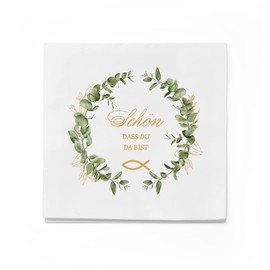 itenga Serviettes Paper Fish "Schön dass du da bist" 33 x 33 cm 3-Ply Pack of 40 for Christening Communion Confirmation Boys and Girls Eucalyptus Wreath Green Gold White