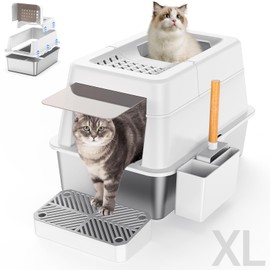 Stainless Steel Litter Box with Lid, XL Extra Large Enclosed Cat Litter Box for Big Cats 110° Flip Cover, Top Entry Metal High Sided Litter Box & Pedal & Scoop, Anti-Leakage (White)