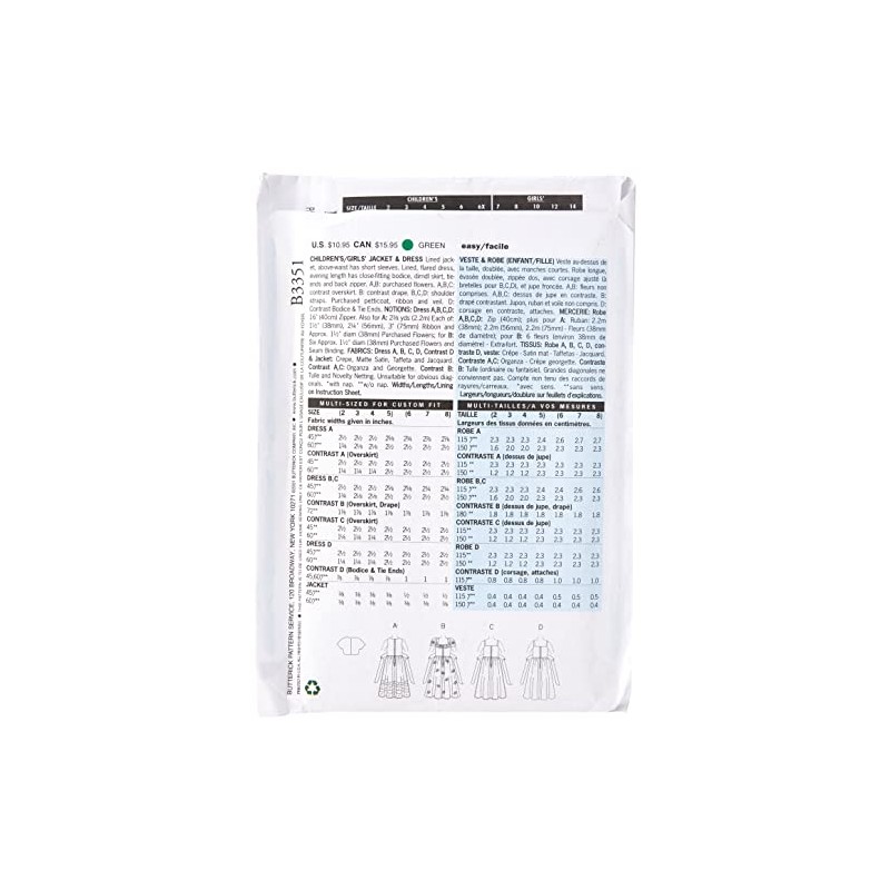 Butterick Patterns B3351 Children's/Girls' Jacket & Dress, Size 2-3-4-5