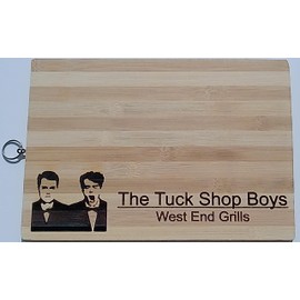 Handy Stamps Novelty Pet Shop Boys Themed Bamboo Chopping/Serving Board with Engraved Design, Large Kitchen Board (34 cm x 24 cm) with Hanging Ring, 'West End Grills' Quote