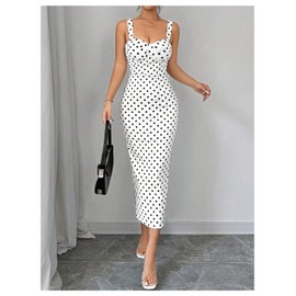 WDIRARA Women's Polka Dots Bodycon Cami Dress Sleeveless Split Back Midi Dresses Black and White Small