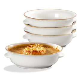 ONEMORE French Onion Soup Bowls Set of 4, 20oz - Microwave, Oven & Dishwasher Safe Round Serving Wide Kitchen Bowls with handles - Scratch-resistant - Cream White