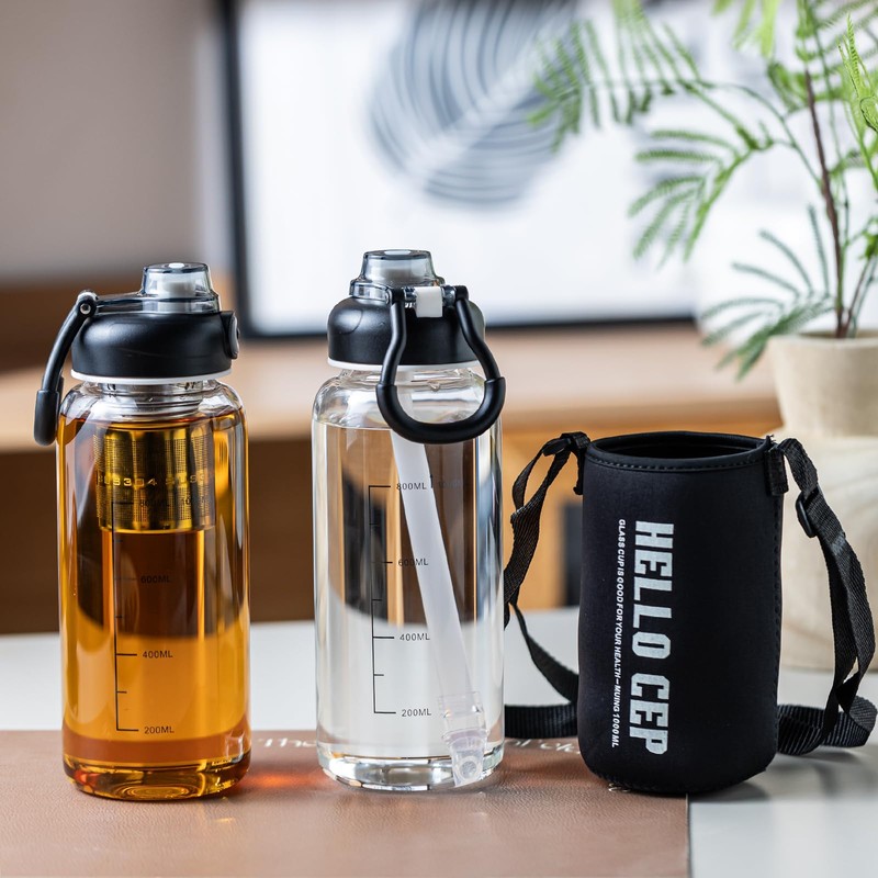 wangsdjy 34oz Glass Water Bottle with Straw, Infuser & Protective