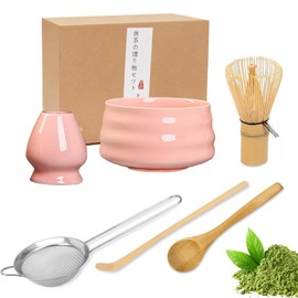 YANGUN 6Pcs Matcha Whisk Set, Matcha Tea Set with Bamboo Whisk, Ceramic Bowl, Scoop & Holder, Complete Matcha Making Kit, Reusable Matcha MakingKit for Traditional Japanese Tea Ceremony((Pink)