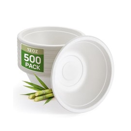 Goodluck 500 Pack White 12 oz Compostable Deep Bowls, Heavy Duty Bagasse Disposable Paper Bowls, Microwave Safe Sugarcane Fiber Bowls for Soup, Salad, Cereal & Meal Prep