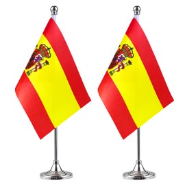WXTWK 2 Pack Spain Flag Spanish Desk Flag Small Mini Spanish Table Flags With Stand Base,Home Office Festival Events Celebration Decorations
