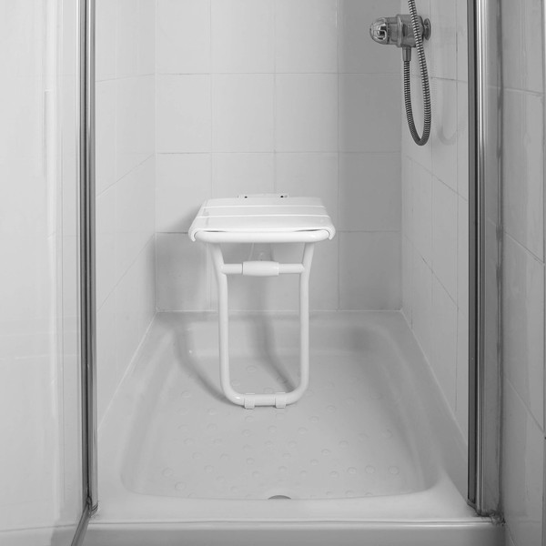 Helping Hand Company Kingfisher Wall Mounted Folding Shower Seat. Folding with Drop Down Legs for Elderly or Disabled. White Plastic Coated Steel. 100kg (15st 7lbs) Weight Limit