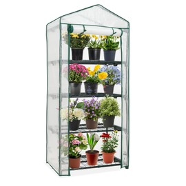 EAGLE PEAK Mini Greenhouse with Wire Shelves, Portable Indoor & Outdoor Green House with Roll-Up Zipper Door, 4 Tier, 27.2"x19.3"x64.2", Clear/White PE Cover
